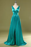 Vestido de dama de honor largo cuello en V turquesa
