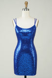 Royal Blue Tight Selentejuelas Vestido sin espalda Homecoming
