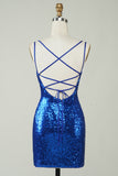 Royal Blue Tight Selentejuelas Vestido sin espalda Homecoming