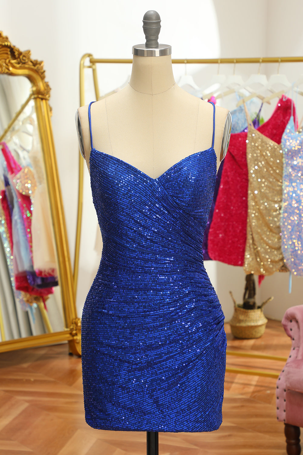 Azul Lentejuelas Ajustado Vestido Corto de Graduación