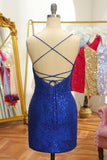 Azul Lentejuelas Ajustado Vestido Corto de Graduación