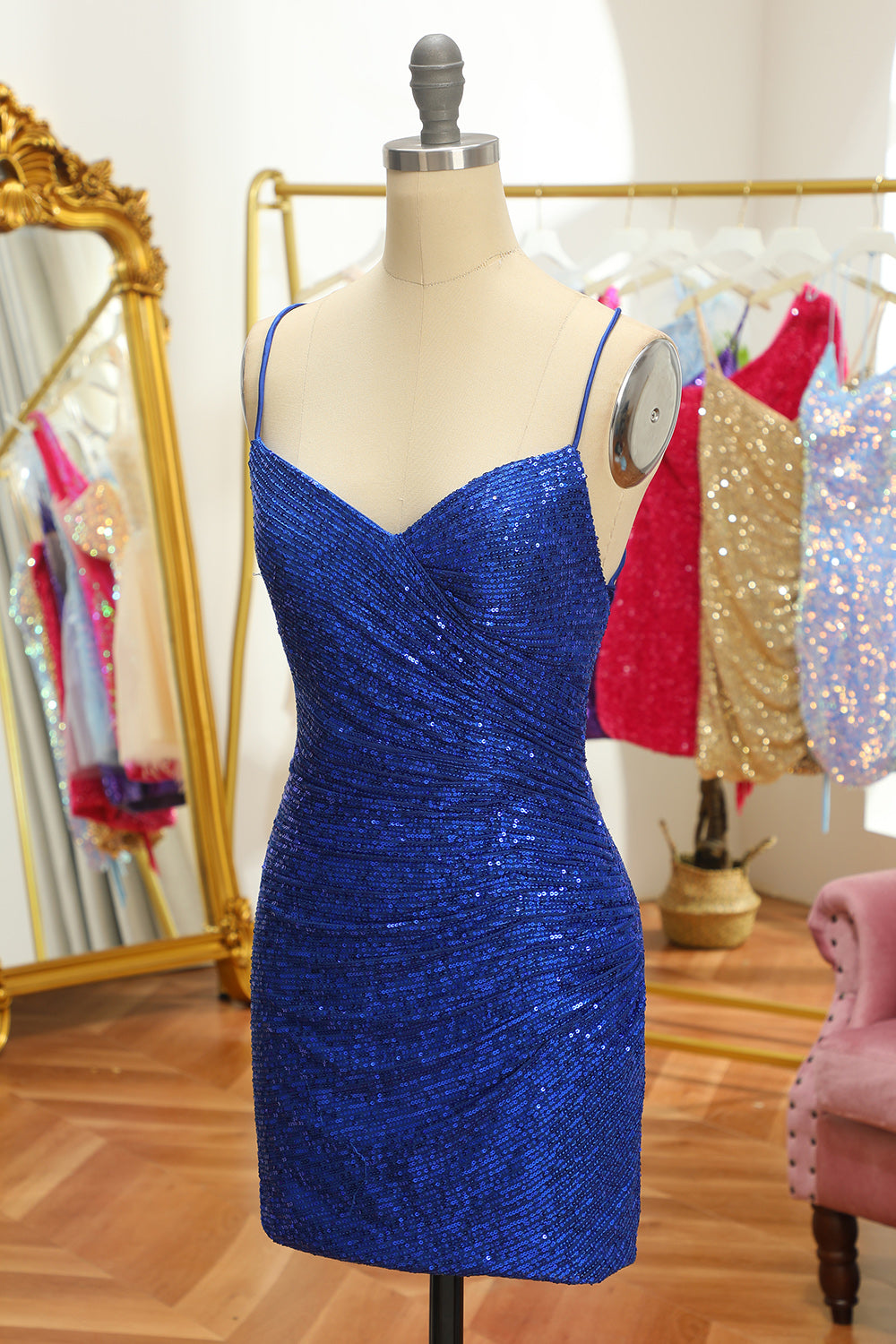 Azul Lentejuelas Ajustado Vestido Corto de Graduación