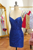 Azul Lentejuelas Ajustado Vestido Corto de Graduación