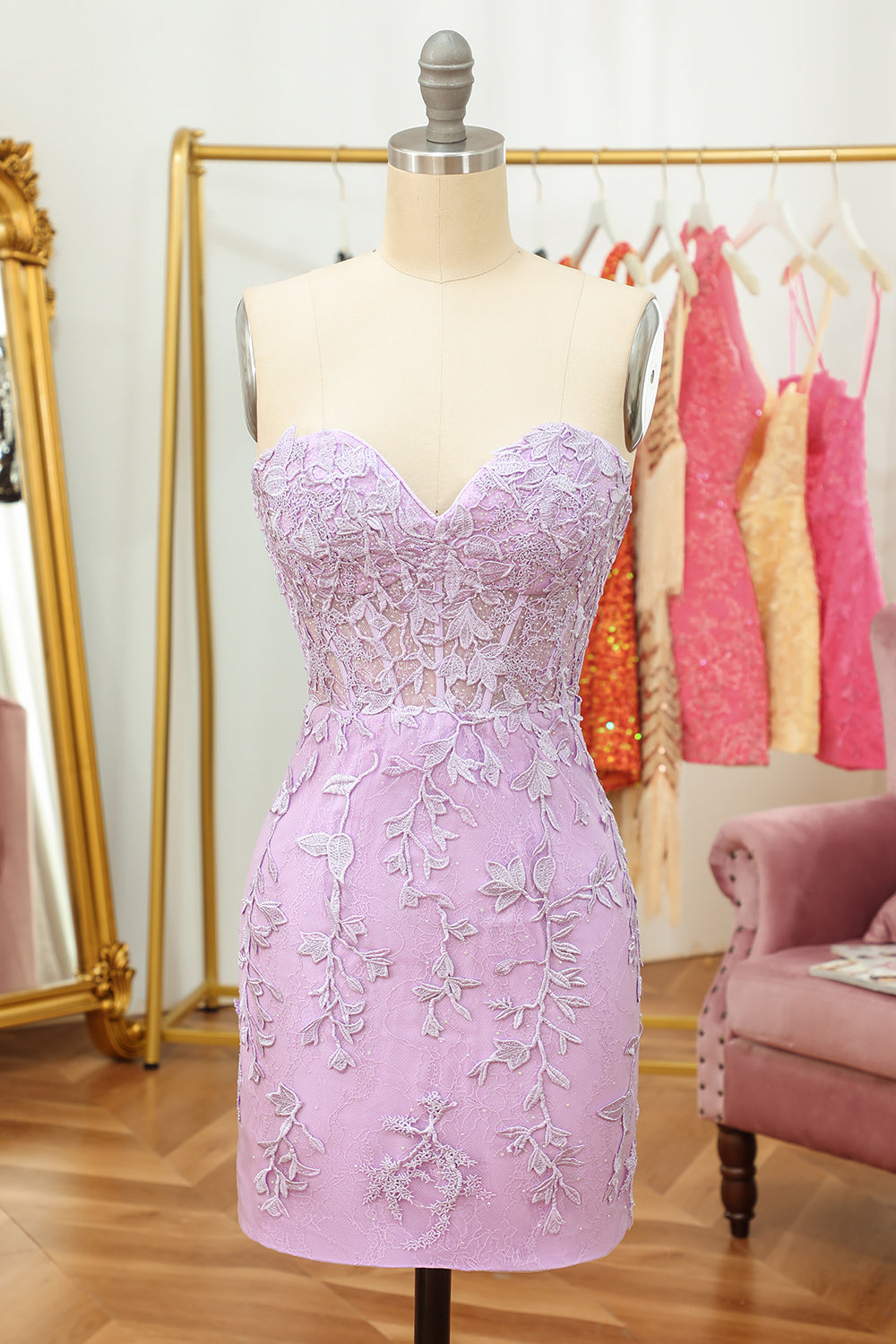 Ajustado Rosa Vestido corto de cóctel con apliques