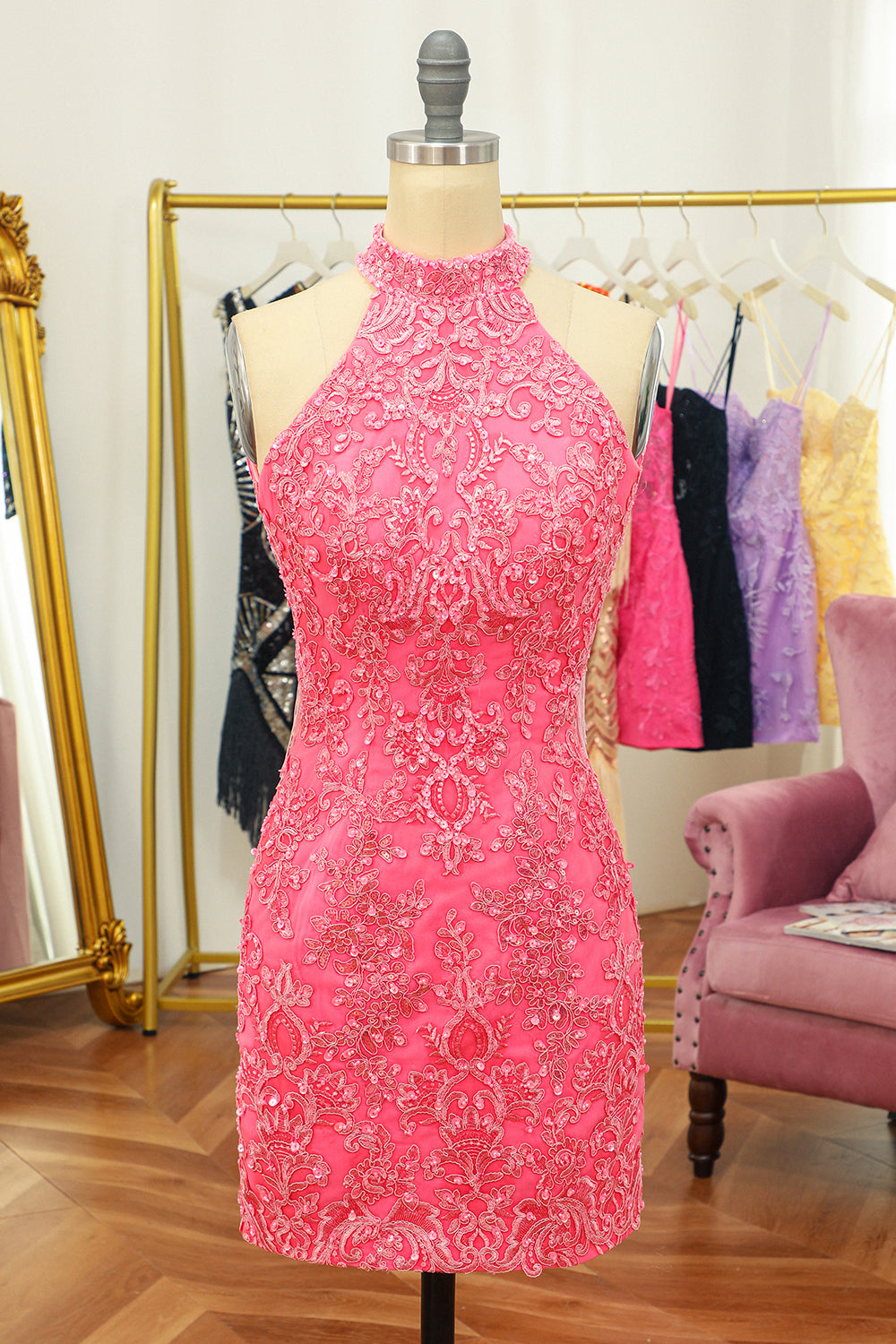Rosa Sin Espalda Halter Encaje Ajustado Vestido de Graduación