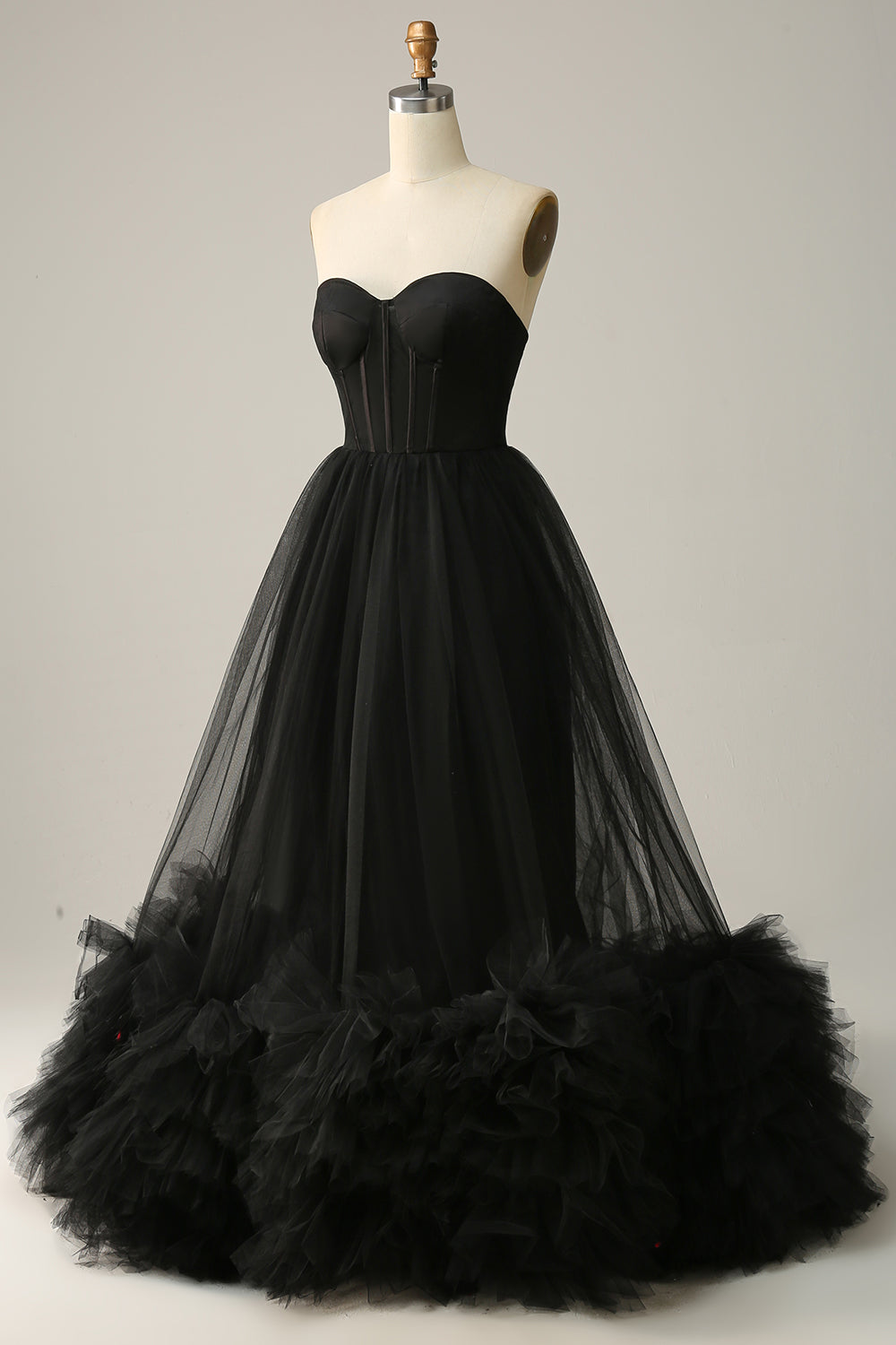 A Línea Negro Escote Corazón Vestido de Fiesta