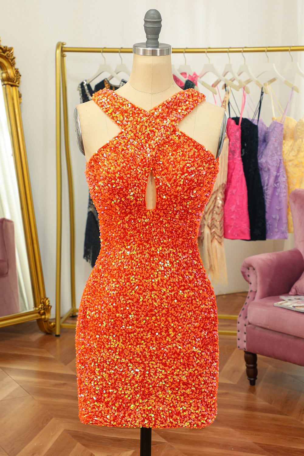 Naranja Halter Lentejuelas Sin Espalda Ajustado Vestido de Cóctel