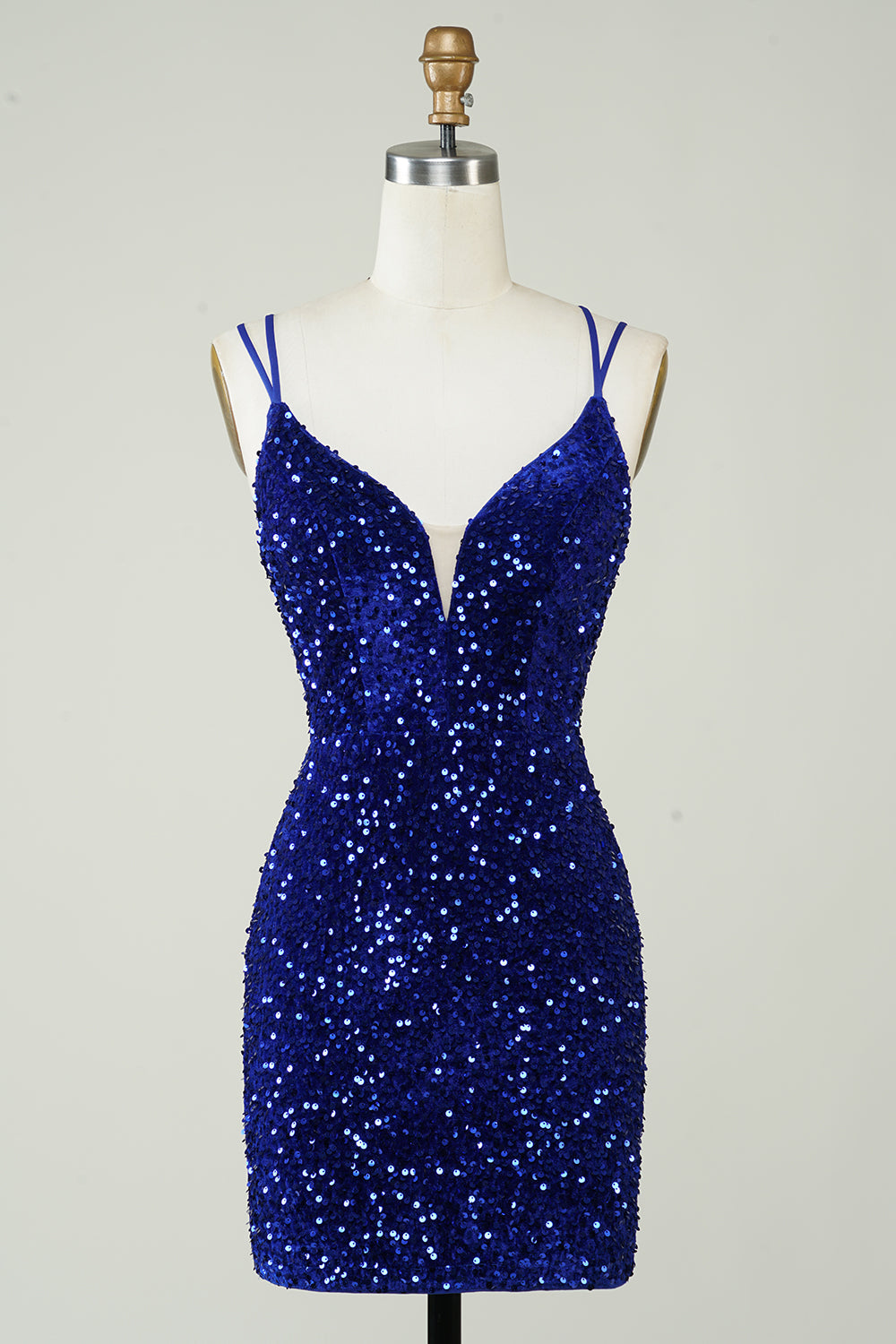 Vaina Royal Blue Sequins Vestido corto de bienvenida con Criss Cross Back