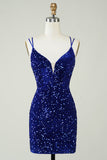 Vaina Royal Blue Sequins Vestido corto de bienvenida con Criss Cross Back