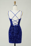 Vaina Royal Blue Sequins Vestido corto de bienvenida con Criss Cross Back