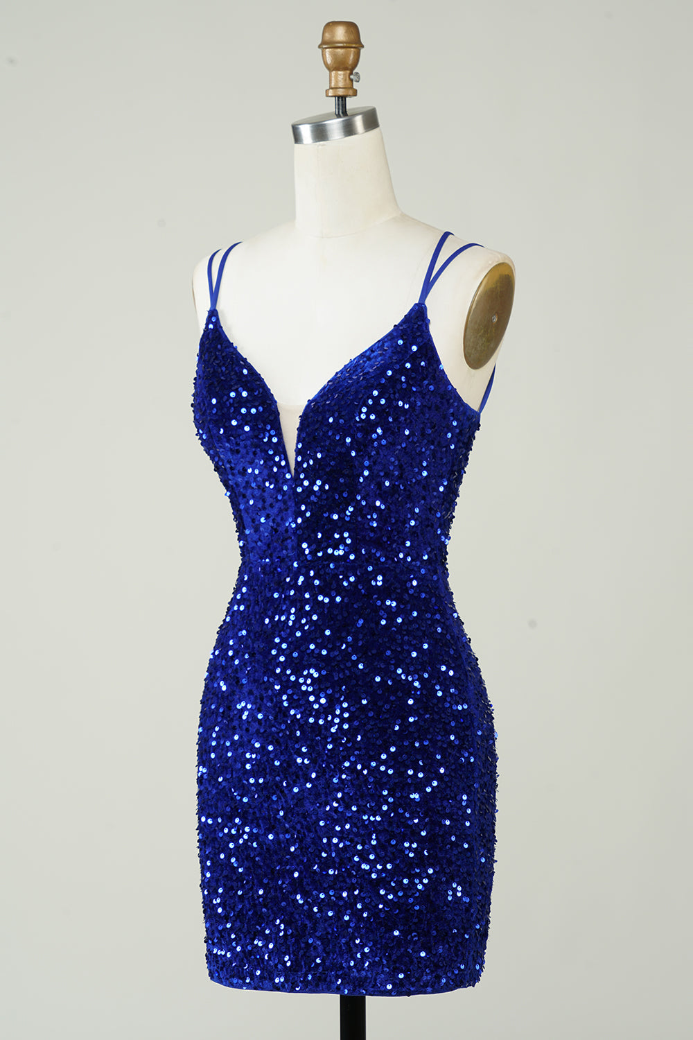 Vaina Royal Blue Sequins Vestido corto de bienvenida con Criss Cross Back
