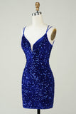Vaina Royal Blue Sequins Vestido corto de bienvenida con Criss Cross Back