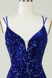Vaina Royal Blue Sequins Vestido corto de bienvenida con Criss Cross Back