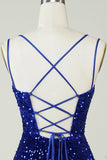 Vaina Royal Blue Sequins Vestido corto de bienvenida con Criss Cross Back