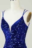 Vaina Royal Blue Sequins Vestido corto de bienvenida con Criss Cross Back