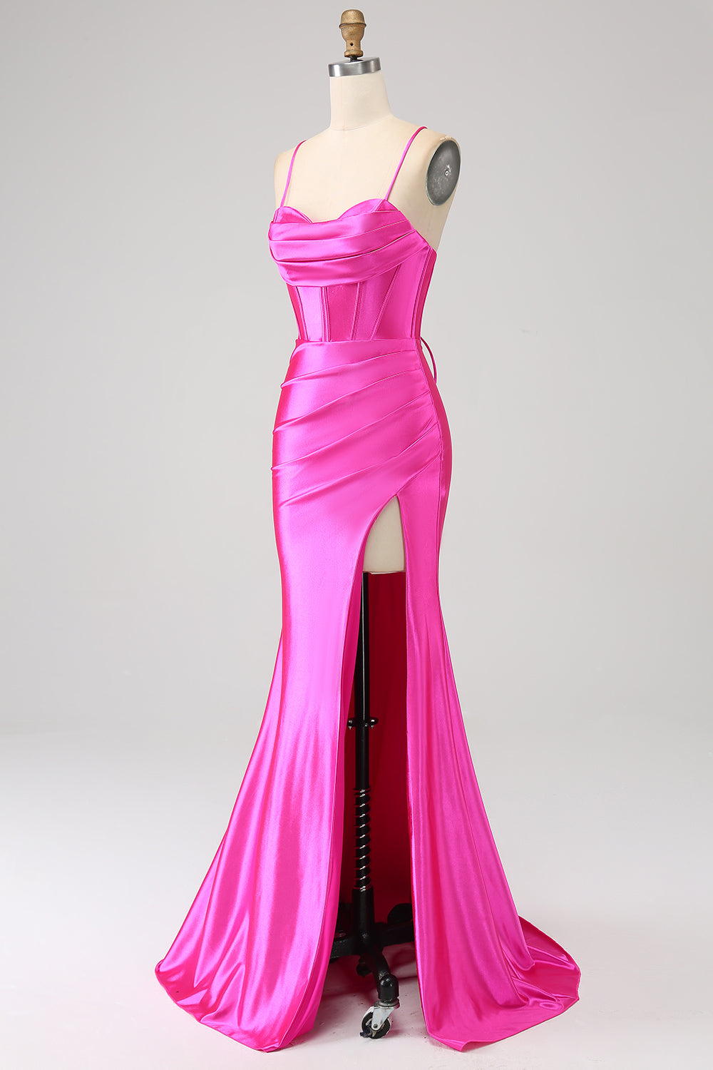 Impresionante vestido de fiesta de corsé fucsia con correas de espagueti de sirena con frente dividido