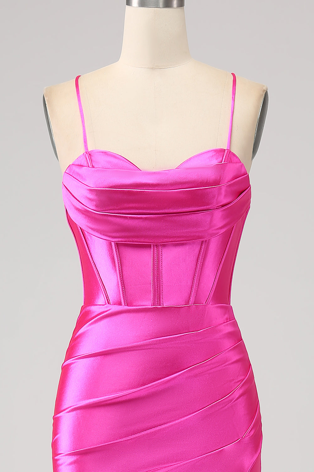 Impresionante vestido de fiesta de corsé fucsia con correas de espagueti de sirena con frente dividido