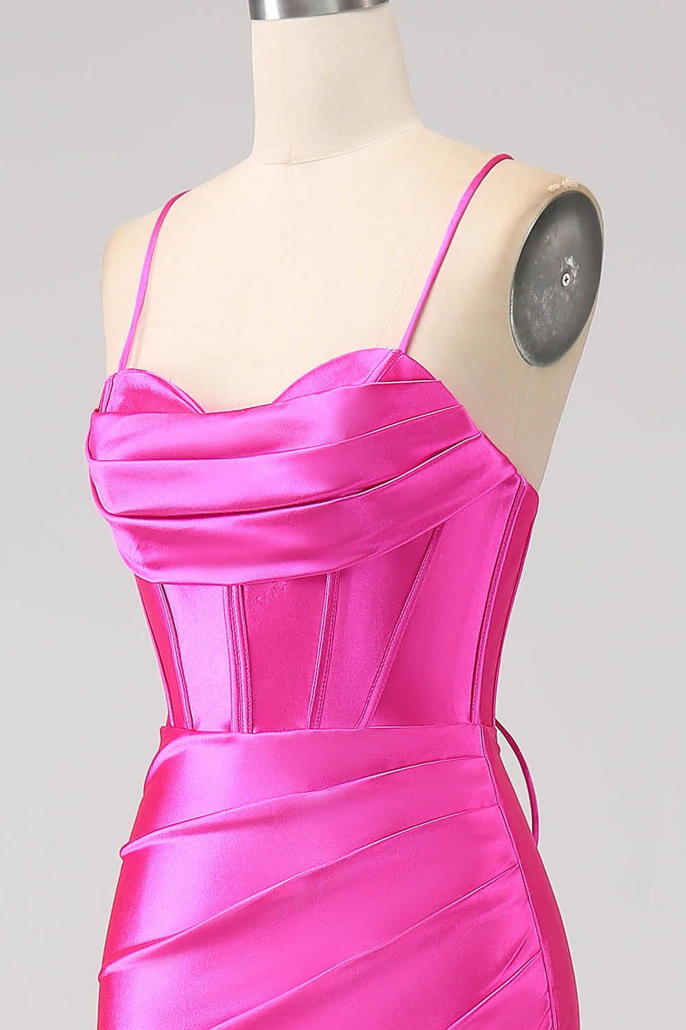 Impresionante vestido de fiesta de corsé fucsia con correas de espagueti de sirena con frente dividido