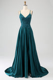 Vestido de fiesta largo con tirantes de espagueti verde pavo real con abertura