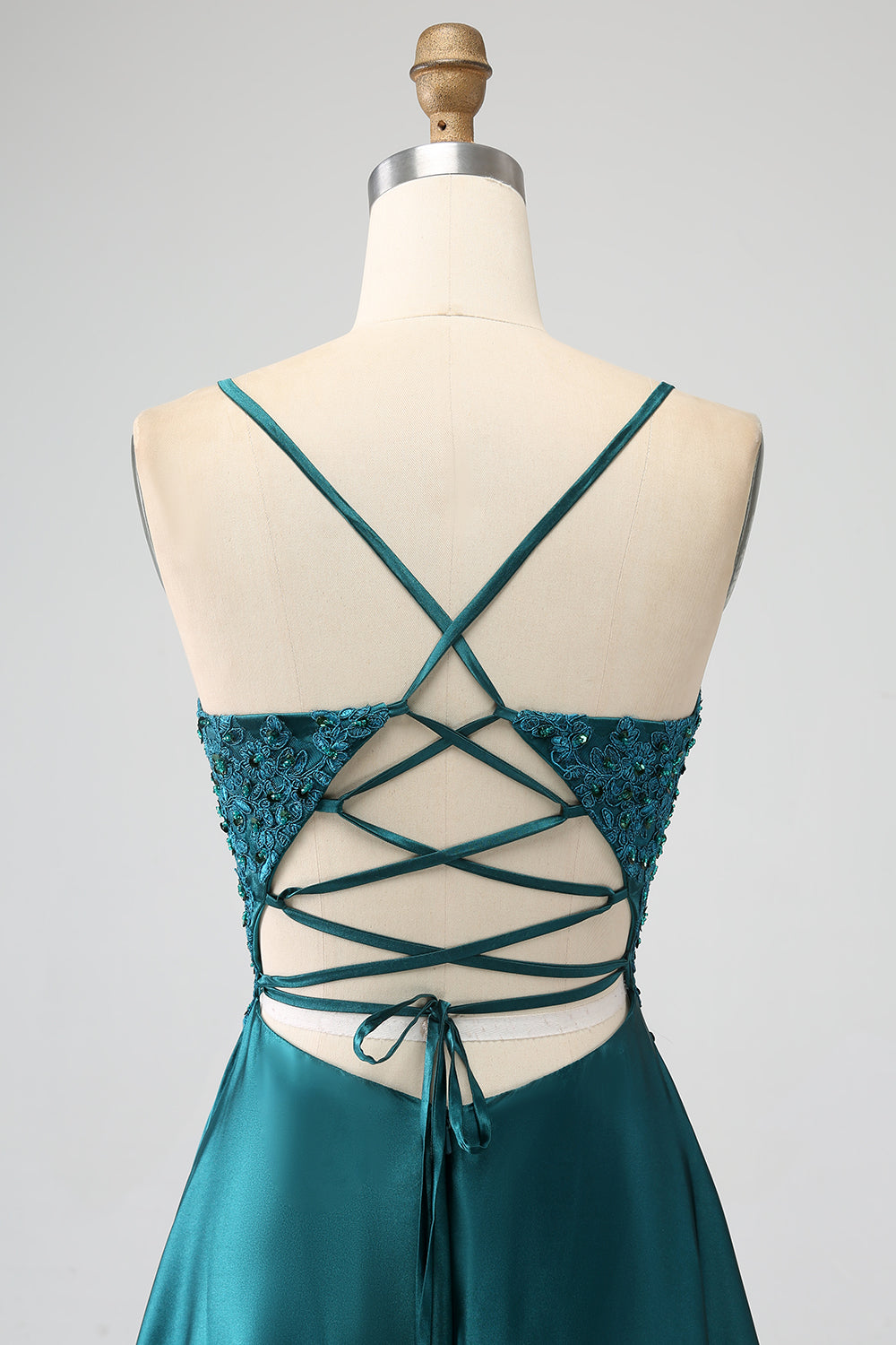 Vestido de fiesta largo con tirantes de espagueti verde pavo real con abertura