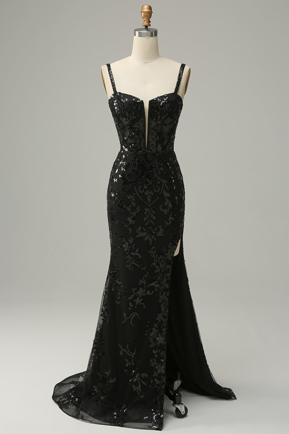 Sirena Tirantes de Espagueti Negro Lentejuelas Vestido de Fiesta