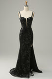 Sirena Tirantes de Espagueti Negro Lentejuelas Vestido de Fiesta