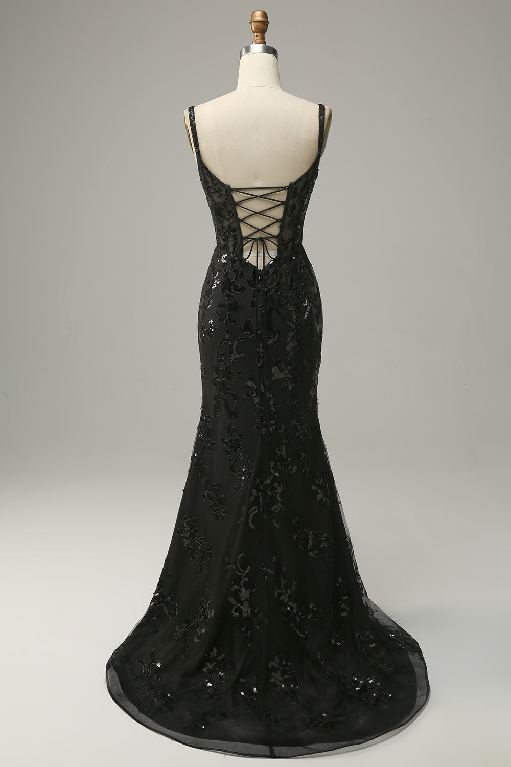Sirena Tirantes de Espagueti Negro Lentejuelas Vestido de Fiesta
