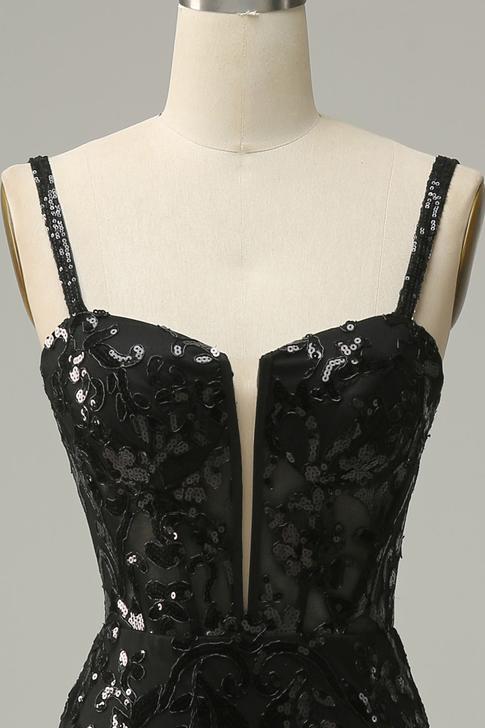 Sirena Tirantes de Espagueti Negro Lentejuelas Vestido de Fiesta