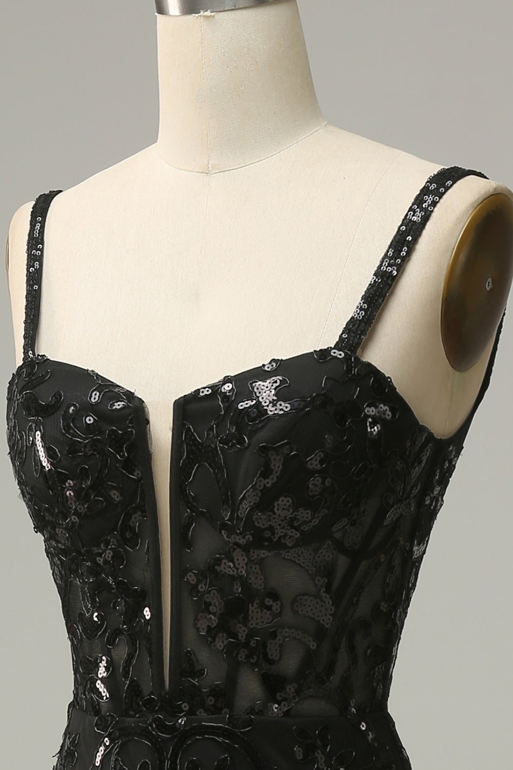 Sirena Tirantes de Espagueti Negro Lentejuelas Vestido de Fiesta
