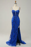 Sirena Tirantes de Espagueti Azul Real Vestido de Fiesta