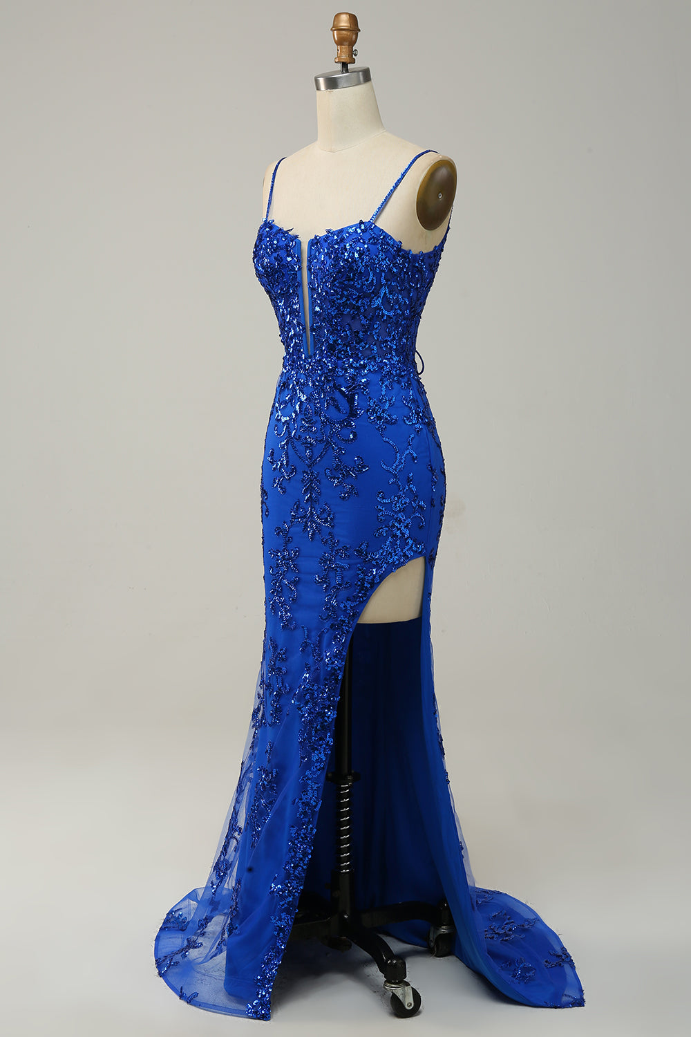 Sirena Tirantes de Espagueti Azul Real Vestido de Fiesta