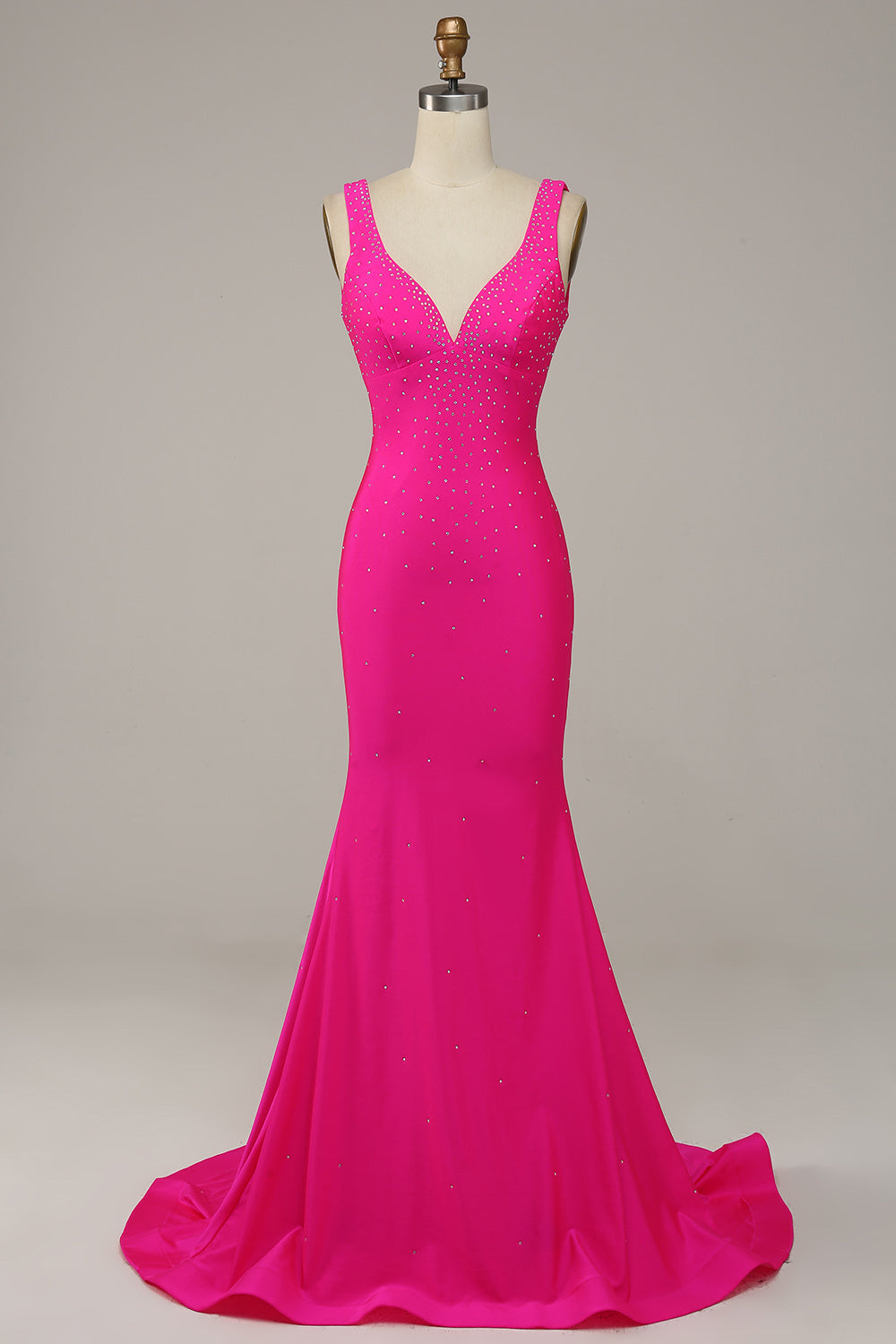 Fucsia Sirena Cuello en V Vestido de Fiesta Con Cuentas