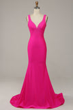 Fucsia Sirena Cuello en V Vestido de Fiesta Con Cuentas