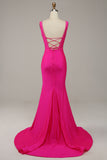 Fucsia Sirena Cuello en V Vestido de Fiesta Con Cuentas