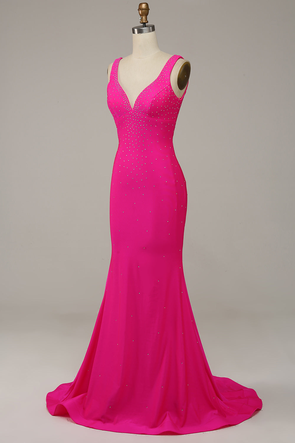 Fucsia Sirena Cuello en V Vestido de Fiesta Con Cuentas