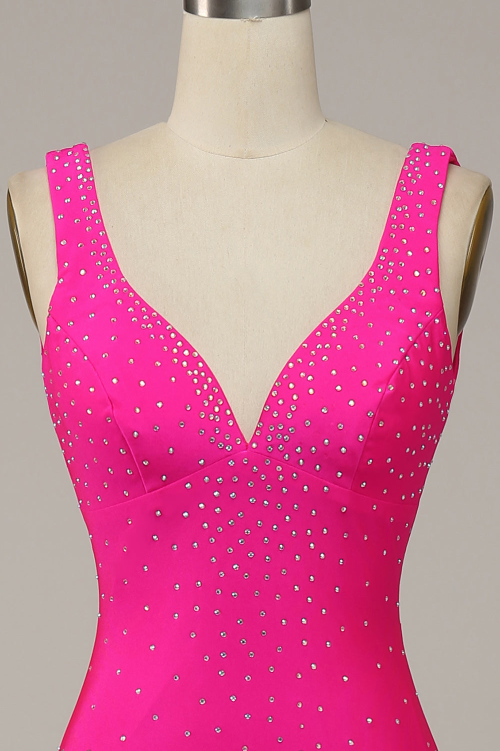 Fucsia Sirena Cuello en V Vestido de Fiesta Con Cuentas