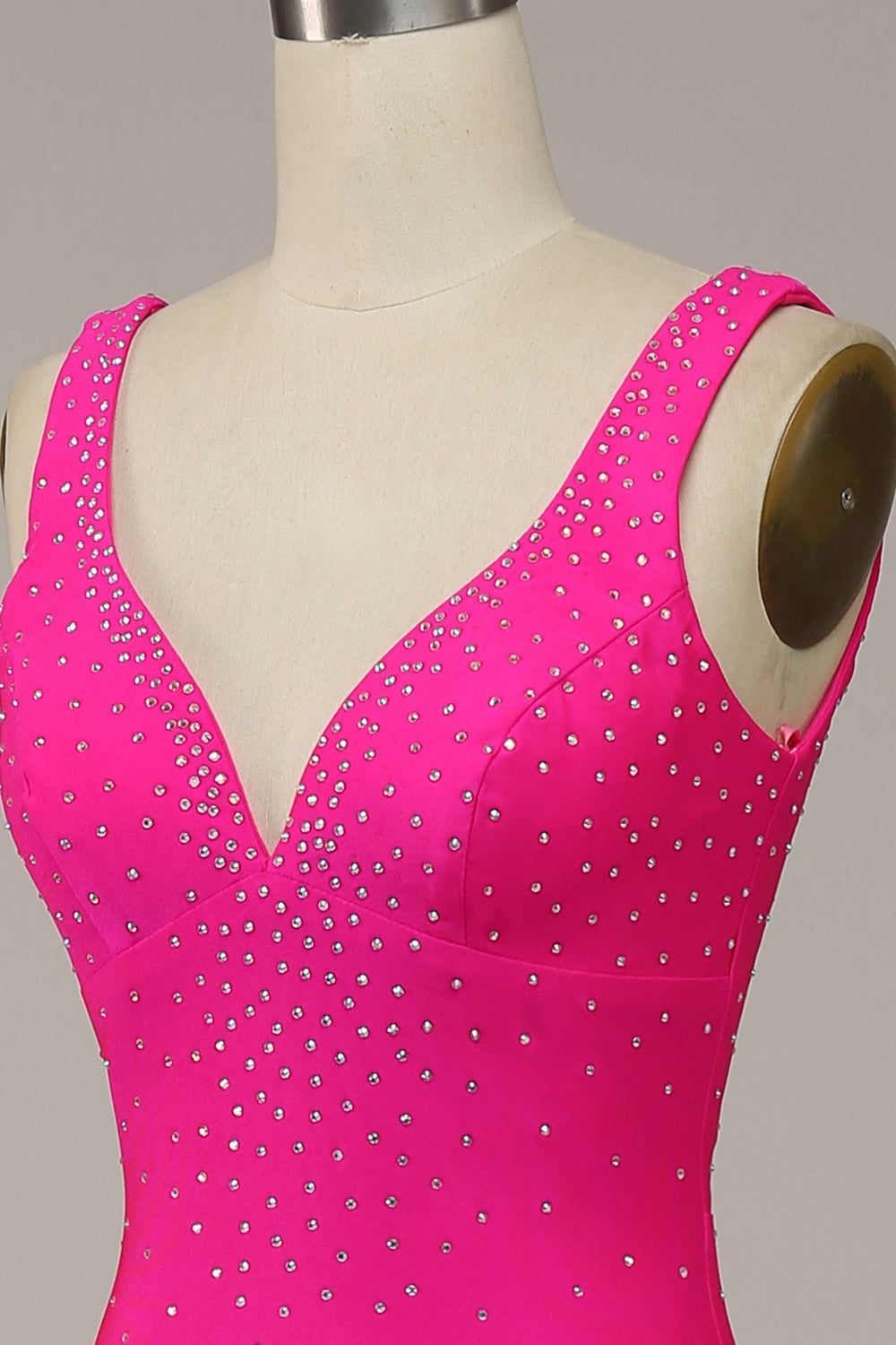 Fucsia Sirena Cuello en V Vestido de Fiesta Con Cuentas