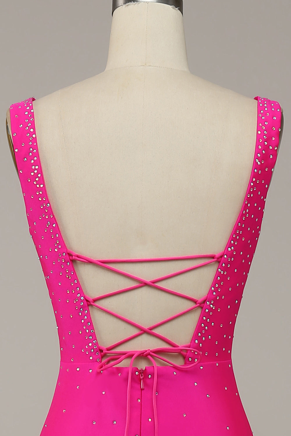 Fucsia Sirena Cuello en V Vestido de Fiesta Con Cuentas
