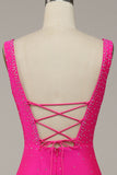 Fucsia Sirena Cuello en V Vestido de Fiesta Con Cuentas