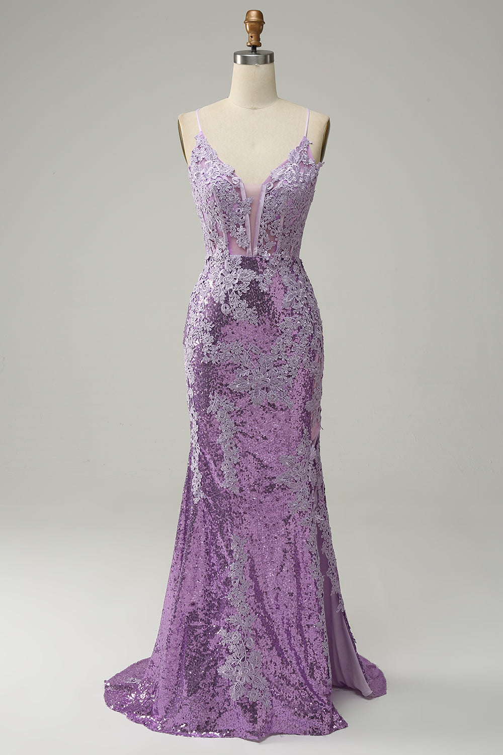 Sirena Tirantes de Espagueti Púrpura Vestido de Fiesta Con Apliques
