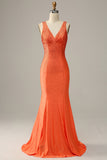 Sirena Cuello en V Naranja Vestido de Fiesta Con Abalorios