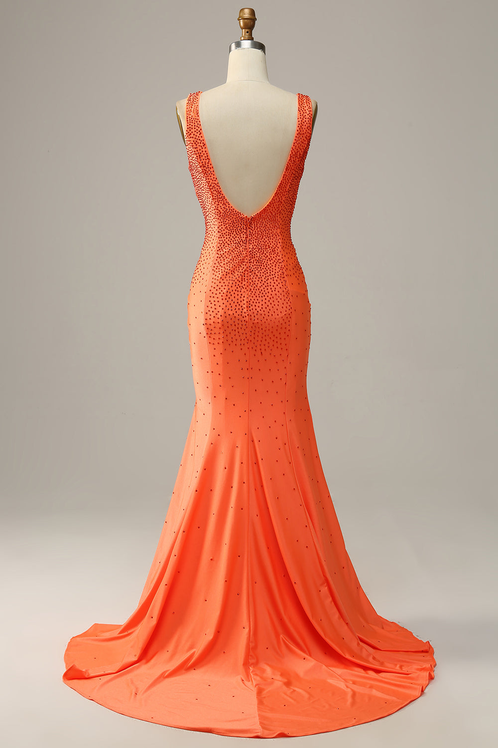 Sirena Cuello en V Naranja Vestido de Fiesta Con Abalorios