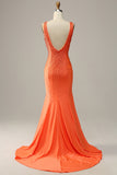 Sirena Cuello en V Naranja Vestido de Fiesta Con Abalorios