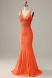 Sirena Cuello en V Naranja Vestido de Fiesta Con Abalorios