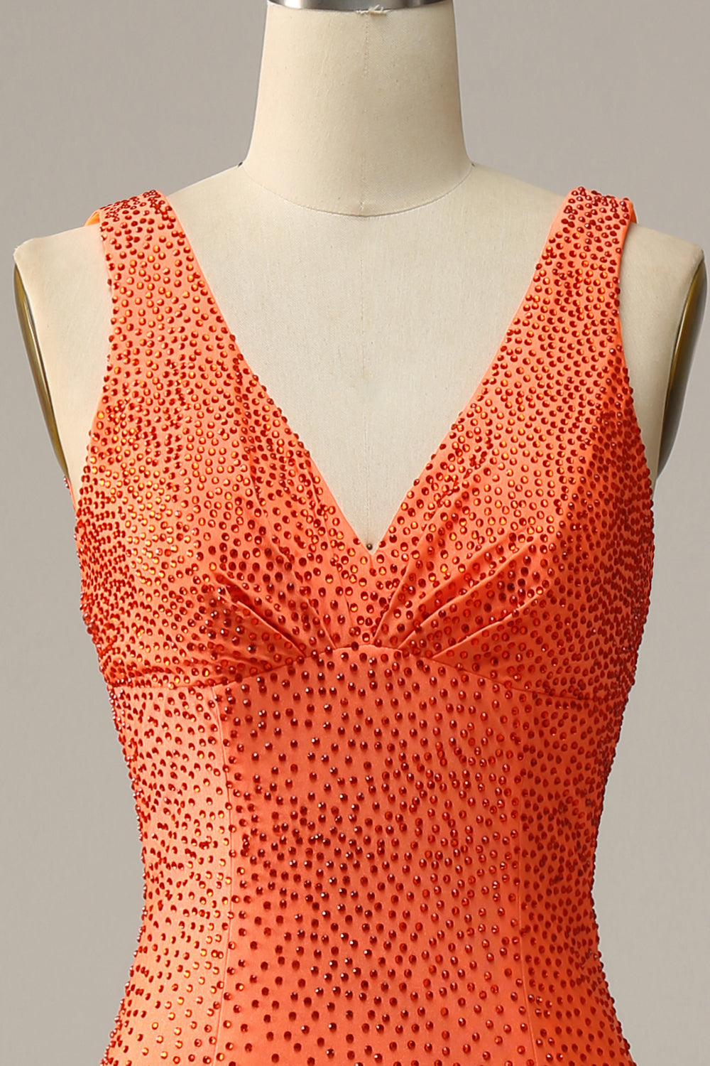Sirena Cuello en V Naranja Vestido de Fiesta Con Abalorios