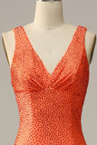 Sirena Cuello en V Naranja Vestido de Fiesta Con Abalorios