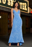 Vestido de fiesta largo de sirena con tirantes de espagueti azul brillante con lentejuelas