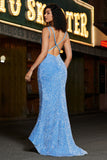Vestido de fiesta largo de sirena con tirantes de espagueti azul brillante con lentejuelas