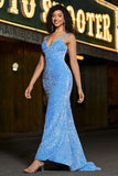 Vestido de fiesta largo de sirena con tirantes de espagueti azul brillante con lentejuelas