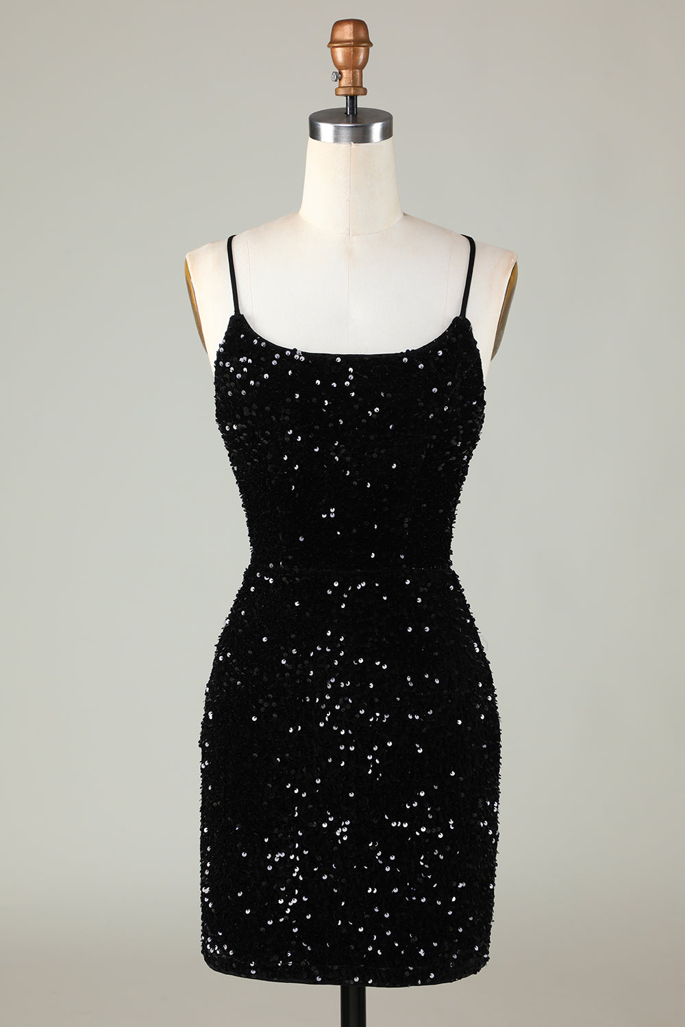 Tirantes de Espagueti Negro Vestido de Lentejuelas
